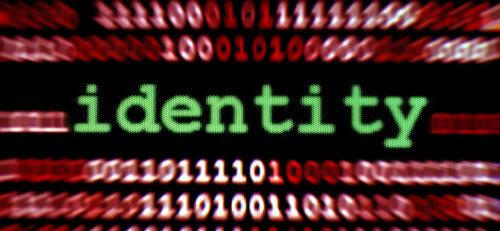 An image displaying the word "identity" with a red binary code background in 500x231 pixels.